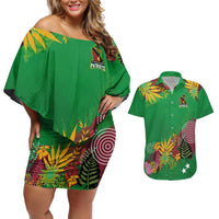 Custom St Kitts and Nevis Cricket Patriots Couples Matching Off Shoulder Short Dress and Hawaiian Shirt Caribbean Tropical Plants Sporty Green - Wonder Print Shop