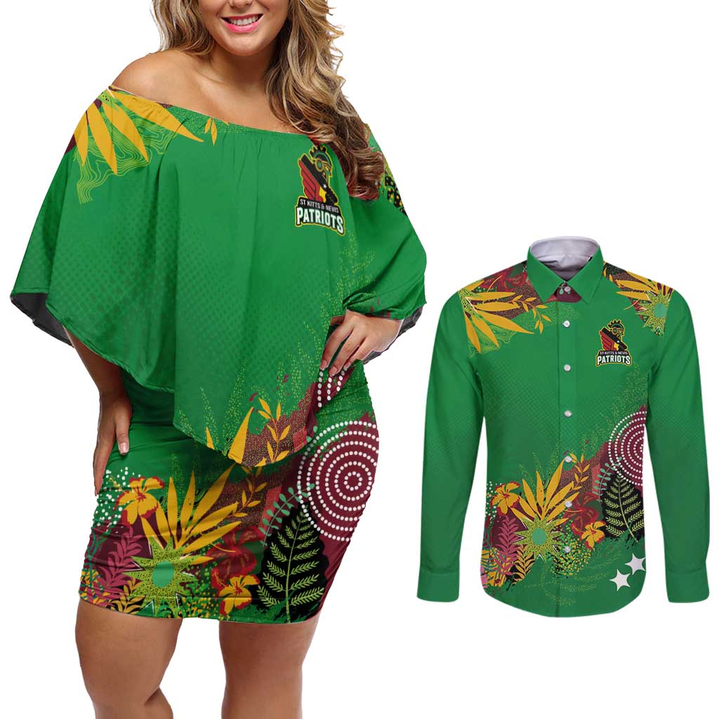 Custom St Kitts and Nevis Cricket Patriots Couples Matching Off Shoulder Short Dress and Long Sleeve Button Shirt Caribbean Tropical Plants Sporty Green - Wonder Print Shop