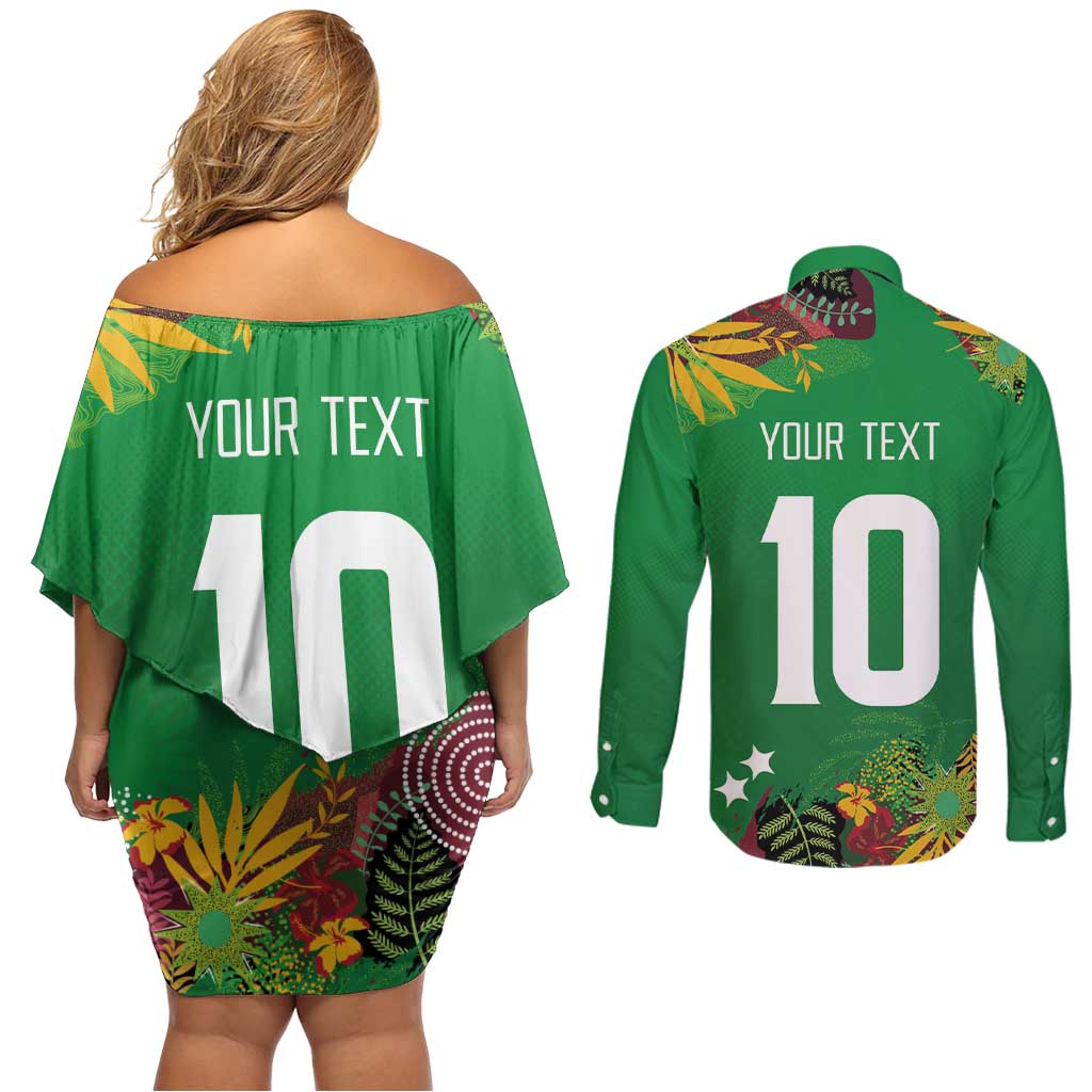 Custom St Kitts and Nevis Cricket Patriots Couples Matching Off Shoulder Short Dress and Long Sleeve Button Shirt Caribbean Tropical Plants Sporty Green - Wonder Print Shop