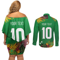 Custom St Kitts and Nevis Cricket Patriots Couples Matching Off Shoulder Short Dress and Long Sleeve Button Shirt Caribbean Tropical Plants Sporty Green - Wonder Print Shop