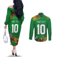 Custom St Kitts and Nevis Cricket Patriots Couples Matching Off The Shoulder Long Sleeve Dress and Long Sleeve Button Shirt Caribbean Tropical Plants Sporty Green - Wonder Print Shop