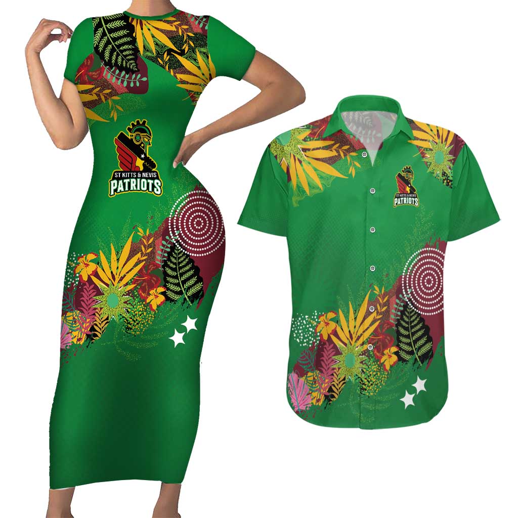 Custom St Kitts and Nevis Cricket Patriots Couples Matching Short Sleeve Bodycon Dress and Hawaiian Shirt Caribbean Tropical Plants Sporty Green - Wonder Print Shop