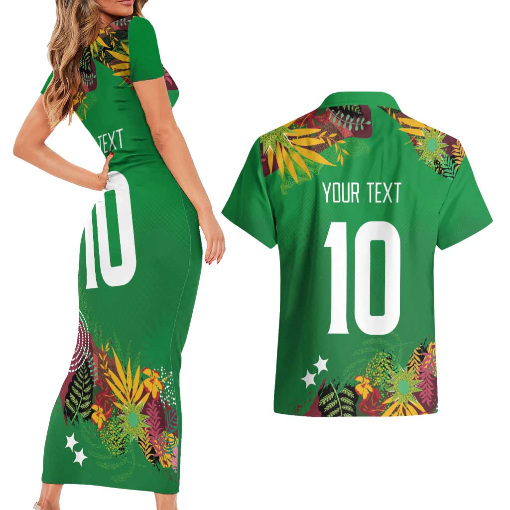 Custom St Kitts and Nevis Cricket Patriots Couples Matching Short Sleeve Bodycon Dress and Hawaiian Shirt Caribbean Tropical Plants Sporty Green - Wonder Print Shop