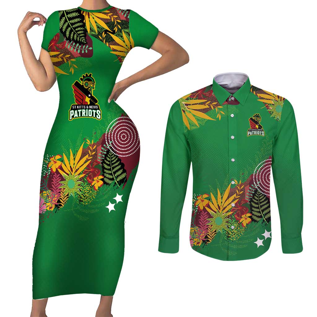 Custom St Kitts and Nevis Cricket Patriots Couples Matching Short Sleeve Bodycon Dress and Long Sleeve Button Shirt Caribbean Tropical Plants Sporty Green - Wonder Print Shop