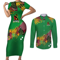 Custom St Kitts and Nevis Cricket Patriots Couples Matching Short Sleeve Bodycon Dress and Long Sleeve Button Shirt Caribbean Tropical Plants Sporty Green - Wonder Print Shop