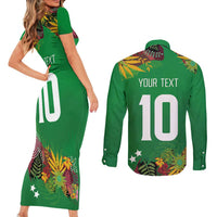 Custom St Kitts and Nevis Cricket Patriots Couples Matching Short Sleeve Bodycon Dress and Long Sleeve Button Shirt Caribbean Tropical Plants Sporty Green - Wonder Print Shop