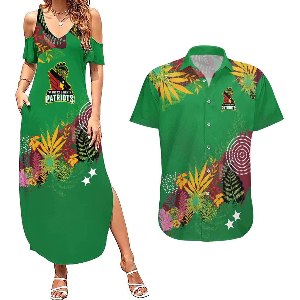 Custom St Kitts and Nevis Cricket Patriots Couples Matching Summer Maxi Dress and Hawaiian Shirt Caribbean Tropical Plants Sporty Green - Wonder Print Shop