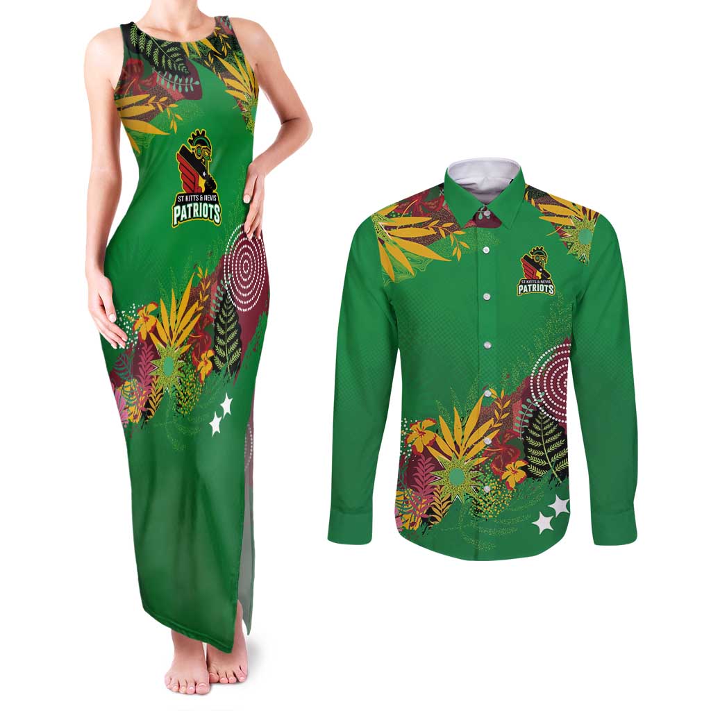 Custom St Kitts and Nevis Cricket Patriots Couples Matching Tank Maxi Dress and Long Sleeve Button Shirt Caribbean Tropical Plants Sporty Green - Wonder Print Shop