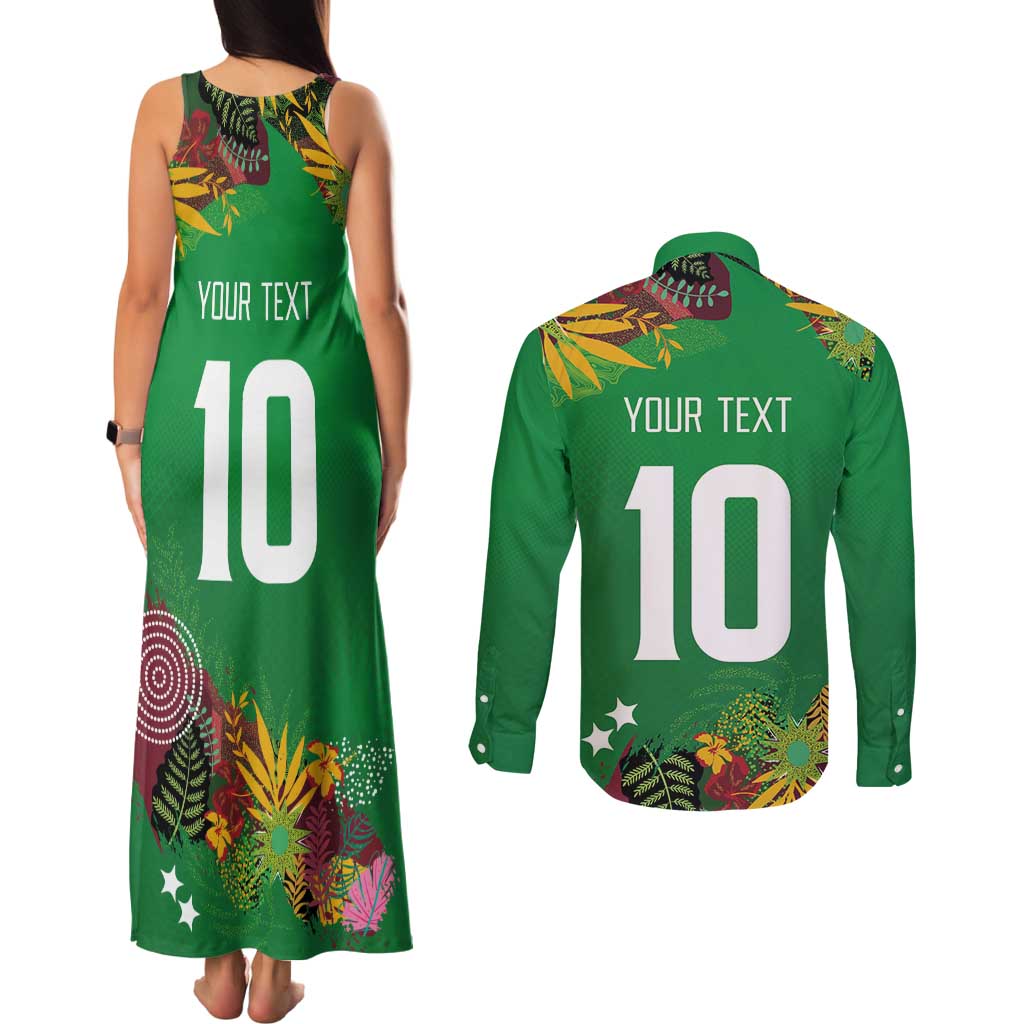 Custom St Kitts and Nevis Cricket Patriots Couples Matching Tank Maxi Dress and Long Sleeve Button Shirt Caribbean Tropical Plants Sporty Green - Wonder Print Shop