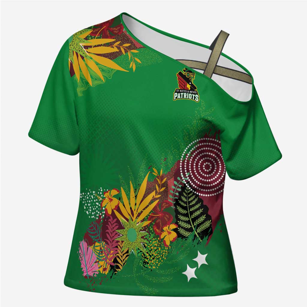 Custom St Kitts and Nevis Cricket Patriots Cross Shoulder Shirt Caribbean Tropical Plants Sporty Green - Wonder Print Shop