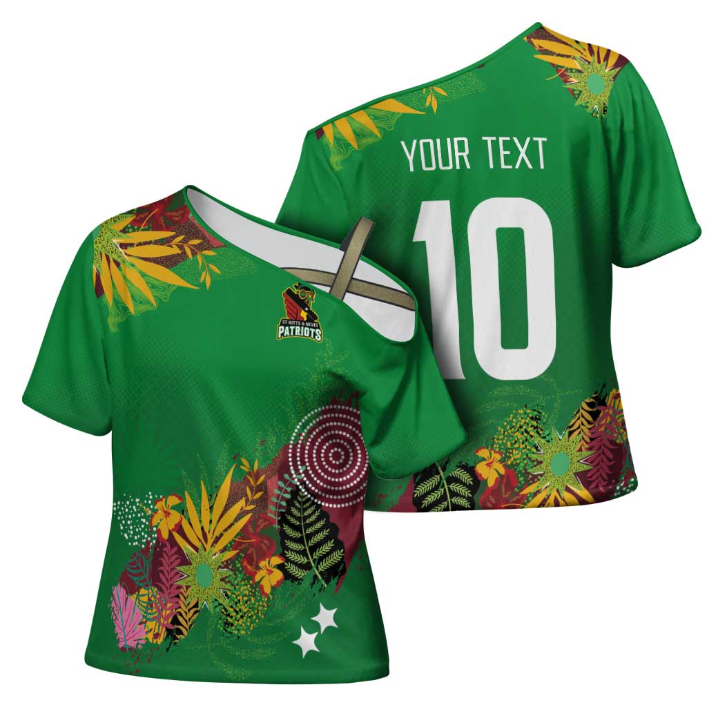 Custom St Kitts and Nevis Cricket Patriots Cross Shoulder Shirt Caribbean Tropical Plants Sporty Green - Wonder Print Shop