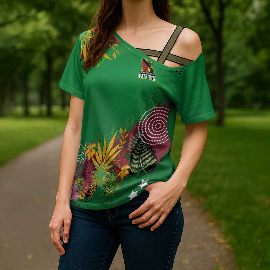 Custom St Kitts and Nevis Cricket Patriots Cross Shoulder Shirt Caribbean Tropical Plants Sporty Green - Wonder Print Shop