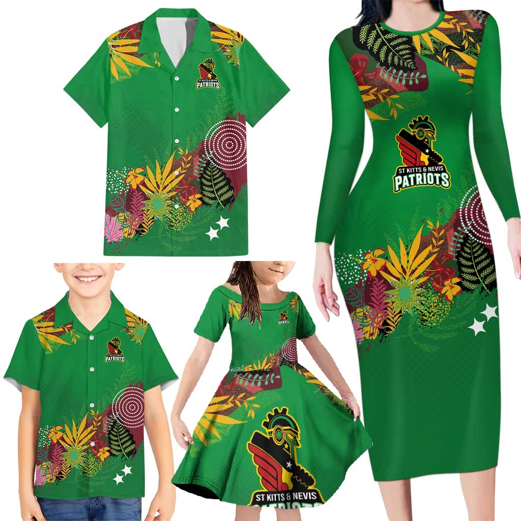 Custom St Kitts and Nevis Cricket Patriots Family Matching Long Sleeve Bodycon Dress and Hawaiian Shirt Caribbean Tropical Plants Sporty Green - Wonder Print Shop
