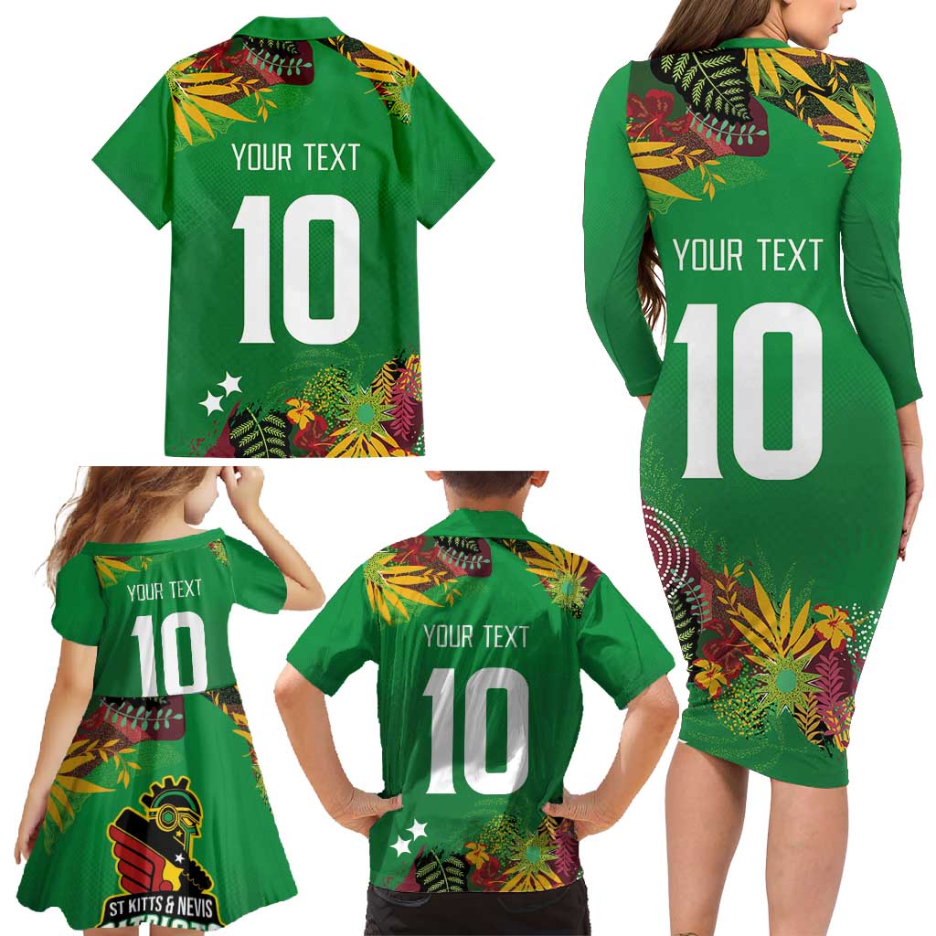 Custom St Kitts and Nevis Cricket Patriots Family Matching Long Sleeve Bodycon Dress and Hawaiian Shirt Caribbean Tropical Plants Sporty Green - Wonder Print Shop