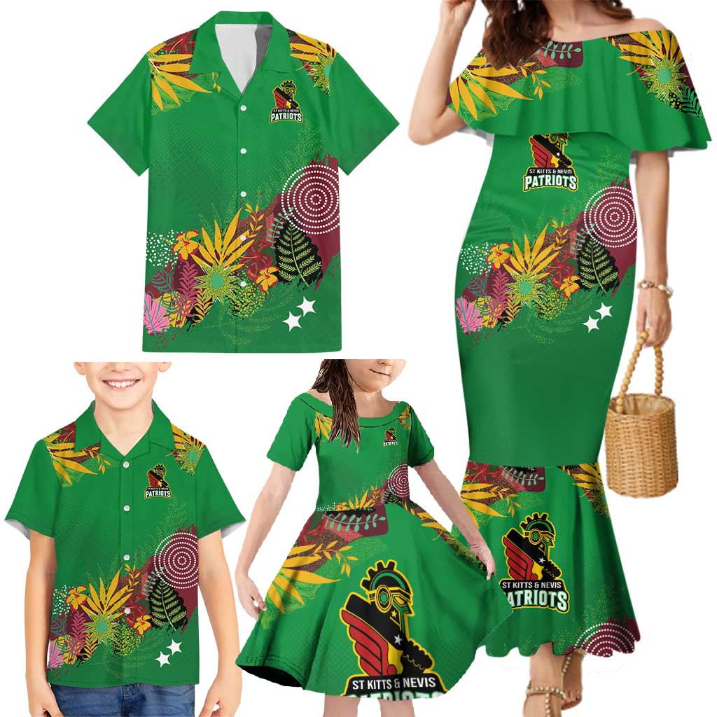 Custom St Kitts and Nevis Cricket Patriots Family Matching Mermaid Dress and Hawaiian Shirt Caribbean Tropical Plants Sporty Green - Wonder Print Shop