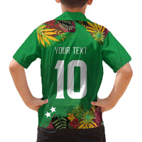 Custom St Kitts and Nevis Cricket Patriots Family Matching Off The Shoulder Long Sleeve Dress and Hawaiian Shirt Caribbean Tropical Plants Sporty Green - Wonder Print Shop