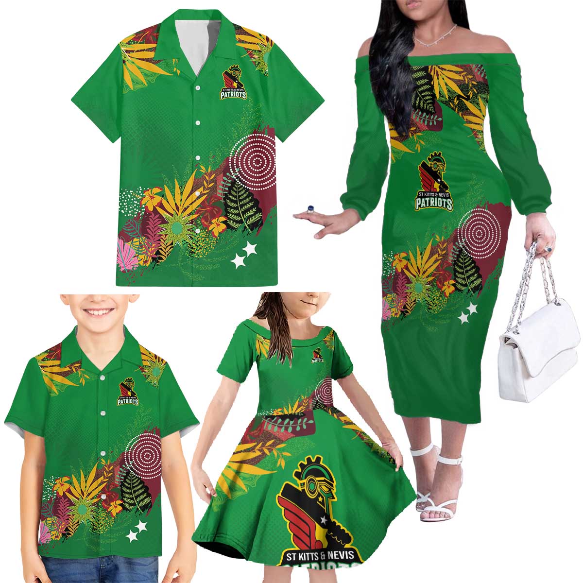 Custom St Kitts and Nevis Cricket Patriots Family Matching Off The Shoulder Long Sleeve Dress and Hawaiian Shirt Caribbean Tropical Plants Sporty Green - Wonder Print Shop