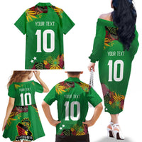 Custom St Kitts and Nevis Cricket Patriots Family Matching Off The Shoulder Long Sleeve Dress and Hawaiian Shirt Caribbean Tropical Plants Sporty Green - Wonder Print Shop