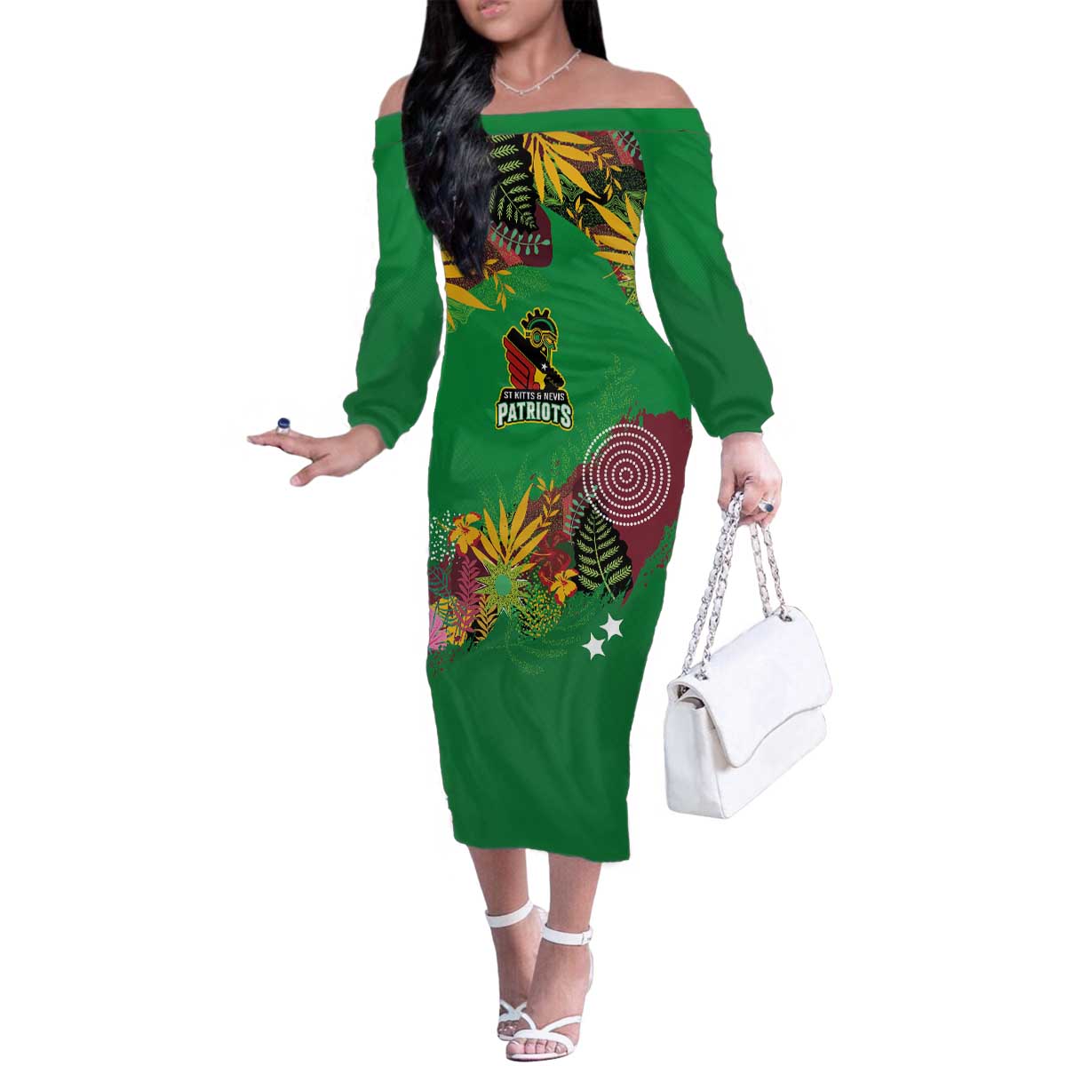 Custom St Kitts and Nevis Cricket Patriots Family Matching Off The Shoulder Long Sleeve Dress and Hawaiian Shirt Caribbean Tropical Plants Sporty Green - Wonder Print Shop