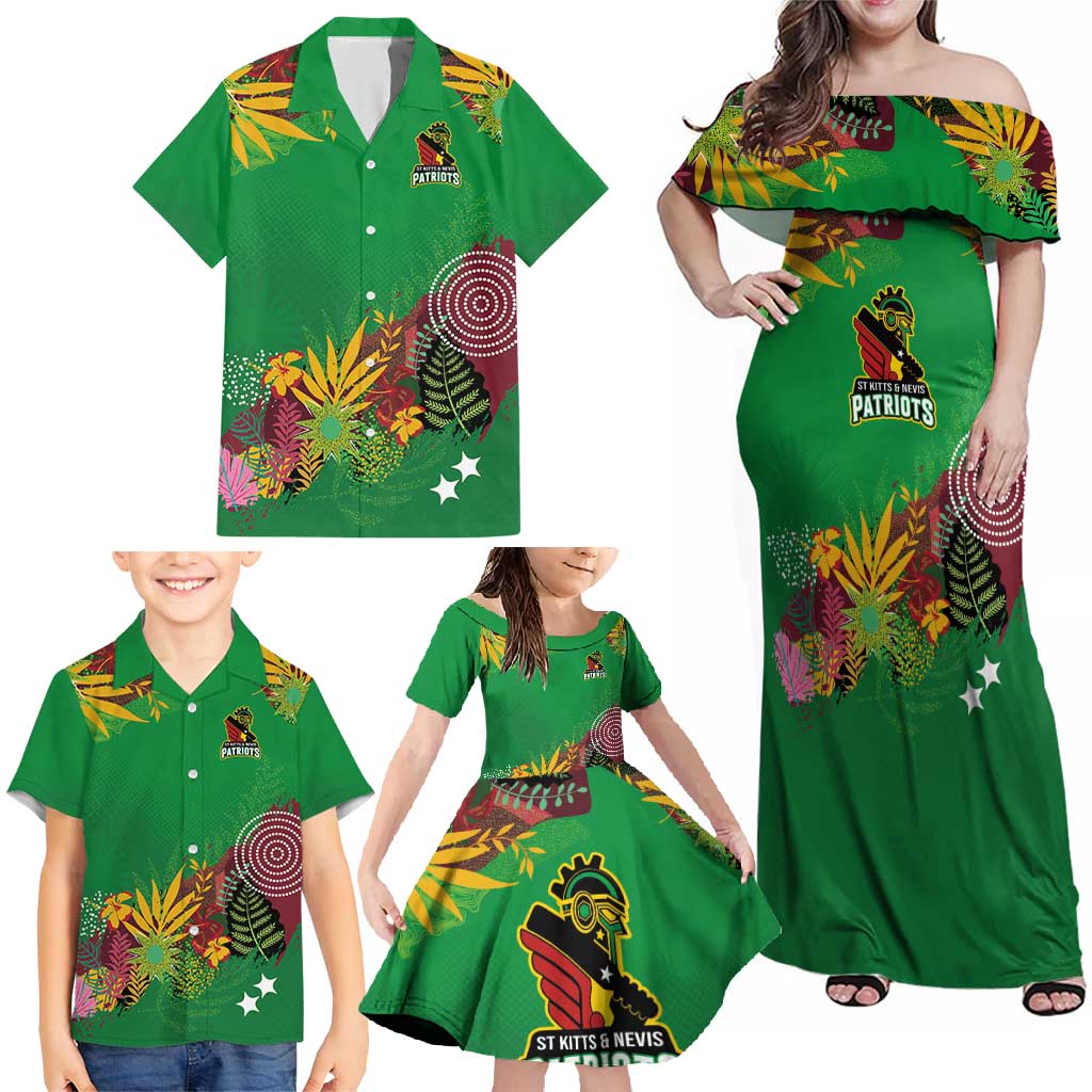 Custom St Kitts and Nevis Cricket Patriots Family Matching Off Shoulder Maxi Dress and Hawaiian Shirt Caribbean Tropical Plants Sporty Green - Wonder Print Shop
