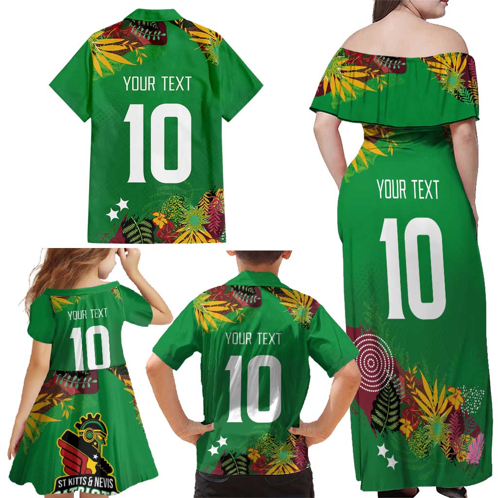 Custom St Kitts and Nevis Cricket Patriots Family Matching Off Shoulder Maxi Dress and Hawaiian Shirt Caribbean Tropical Plants Sporty Green - Wonder Print Shop