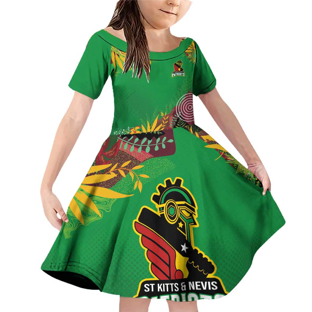Custom St Kitts and Nevis Cricket Patriots Family Matching Off Shoulder Short Dress and Hawaiian Shirt Caribbean Tropical Plants Sporty Green - Wonder Print Shop