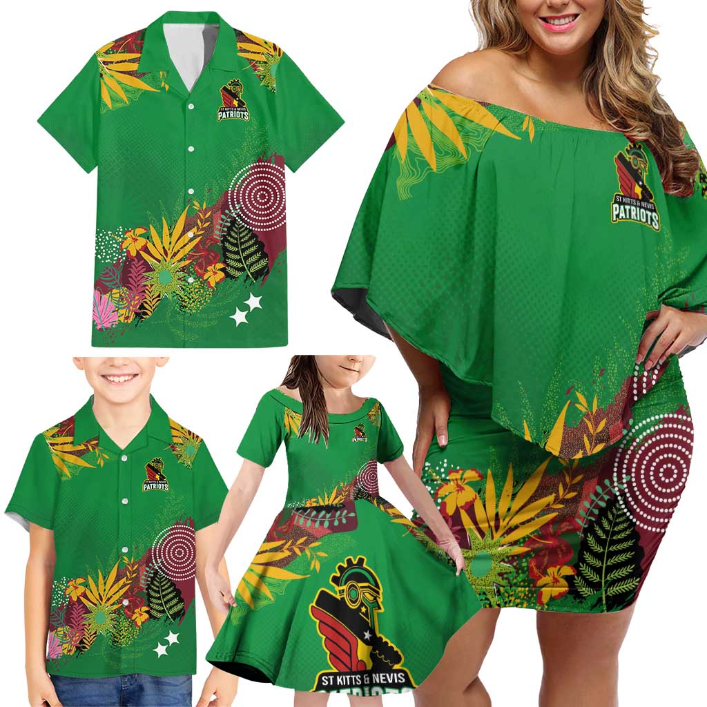 Custom St Kitts and Nevis Cricket Patriots Family Matching Off Shoulder Short Dress and Hawaiian Shirt Caribbean Tropical Plants Sporty Green - Wonder Print Shop