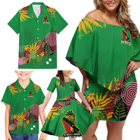 Custom St Kitts and Nevis Cricket Patriots Family Matching Off Shoulder Short Dress and Hawaiian Shirt Caribbean Tropical Plants Sporty Green - Wonder Print Shop
