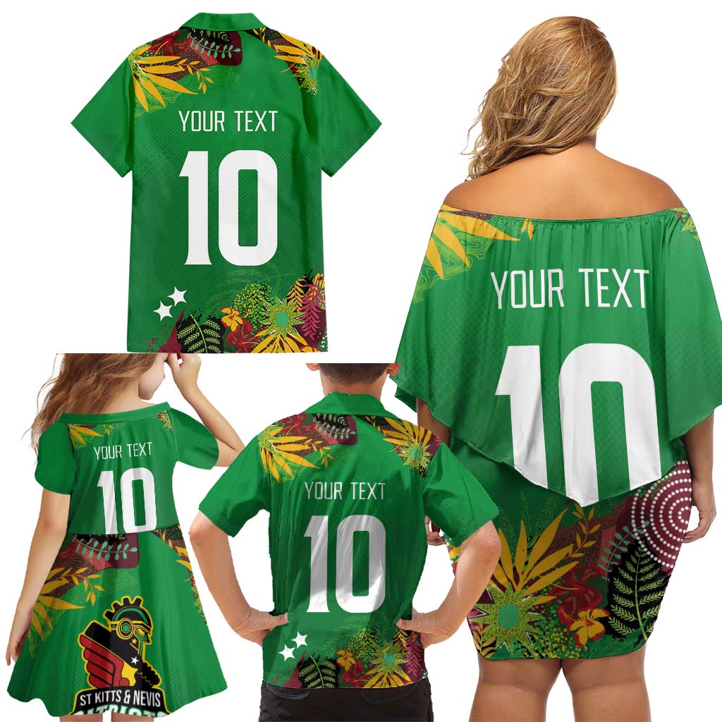 Custom St Kitts and Nevis Cricket Patriots Family Matching Off Shoulder Short Dress and Hawaiian Shirt Caribbean Tropical Plants Sporty Green - Wonder Print Shop