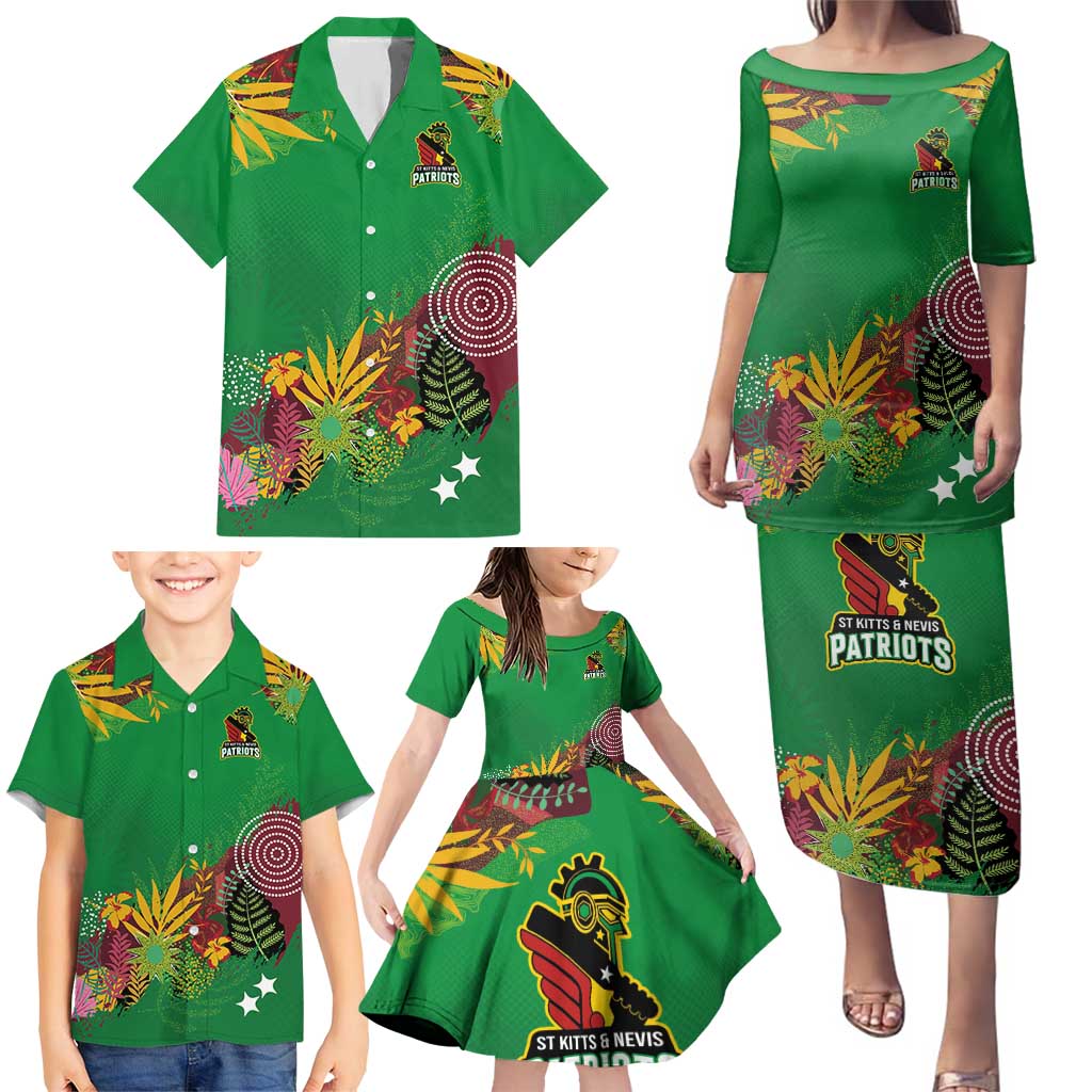 Custom St Kitts and Nevis Cricket Patriots Family Matching Puletasi and Hawaiian Shirt Caribbean Tropical Plants Sporty Green - Wonder Print Shop