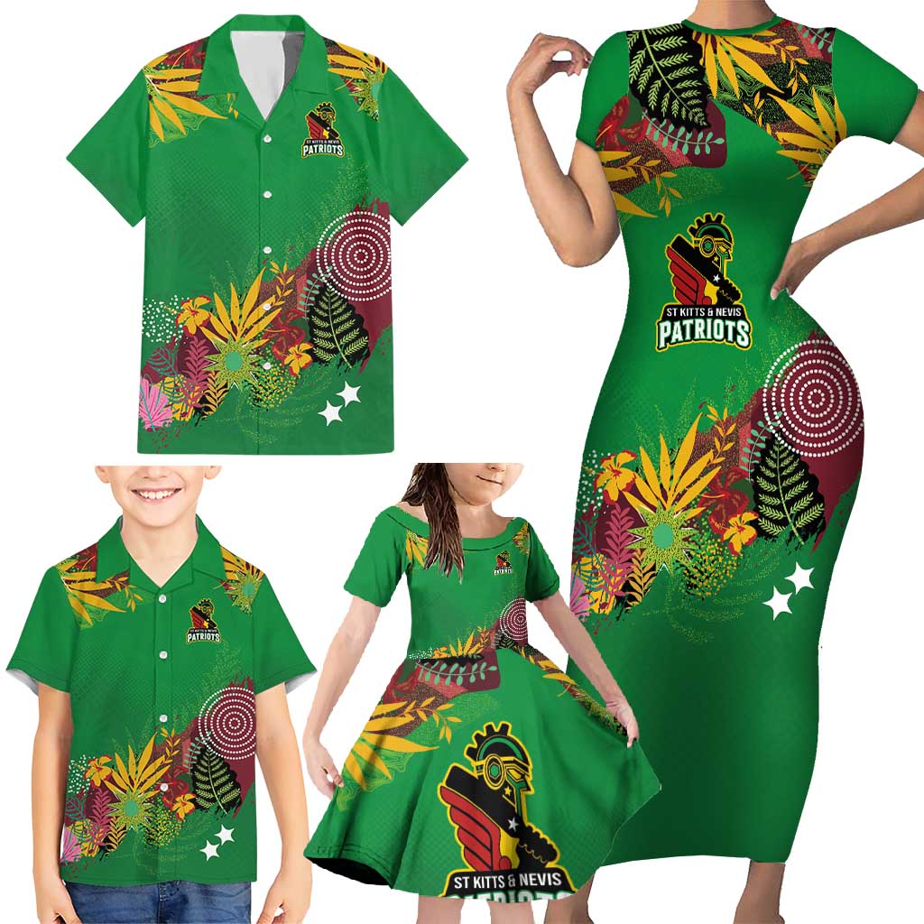 Custom St Kitts and Nevis Cricket Patriots Family Matching Short Sleeve Bodycon Dress and Hawaiian Shirt Caribbean Tropical Plants Sporty Green - Wonder Print Shop
