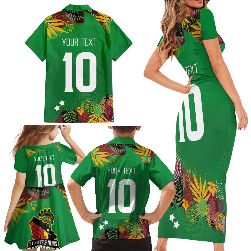 Custom St Kitts and Nevis Cricket Patriots Family Matching Short Sleeve Bodycon Dress and Hawaiian Shirt Caribbean Tropical Plants Sporty Green - Wonder Print Shop