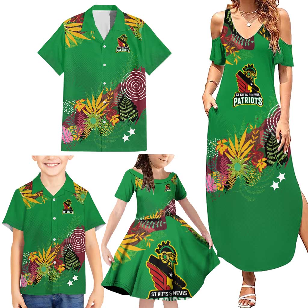 Custom St Kitts and Nevis Cricket Patriots Family Matching Summer Maxi Dress and Hawaiian Shirt Caribbean Tropical Plants Sporty Green - Wonder Print Shop
