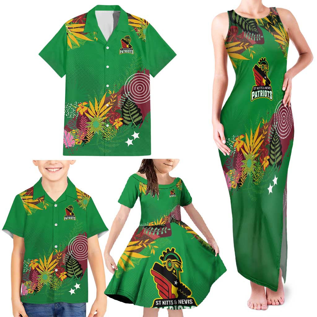 Custom St Kitts and Nevis Cricket Patriots Family Matching Tank Maxi Dress and Hawaiian Shirt Caribbean Tropical Plants Sporty Green - Wonder Print Shop