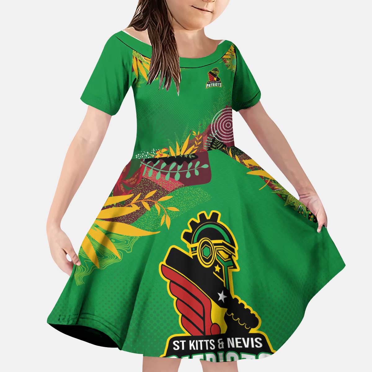 Custom St Kitts and Nevis Cricket Patriots Kid Short Sleeve Dress Caribbean Tropical Plants Sporty Green - Wonder Print Shop