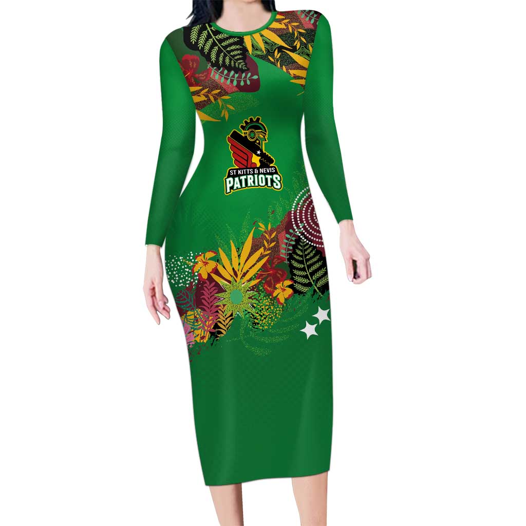 Custom St Kitts and Nevis Cricket Patriots Long Sleeve Bodycon Dress Caribbean Tropical Plants Sporty Green - Wonder Print Shop