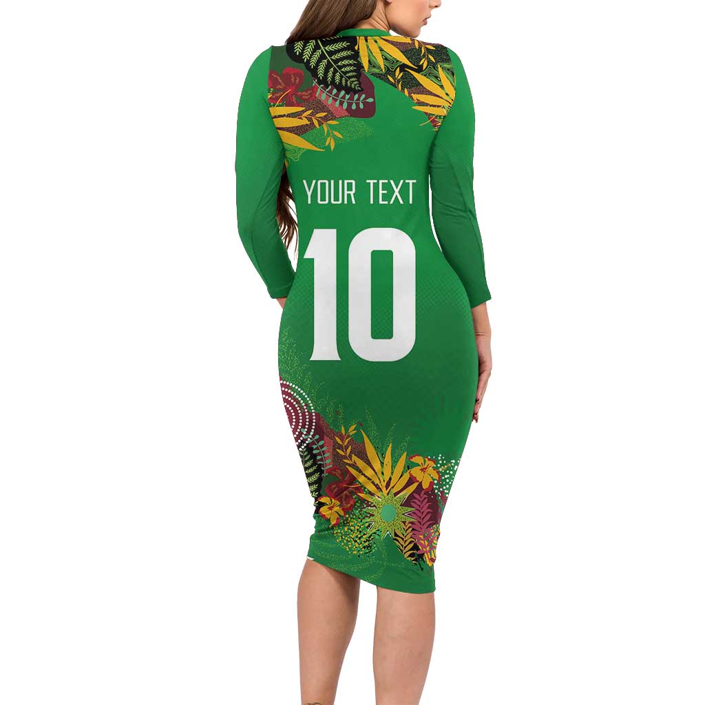 Custom St Kitts and Nevis Cricket Patriots Long Sleeve Bodycon Dress Caribbean Tropical Plants Sporty Green - Wonder Print Shop