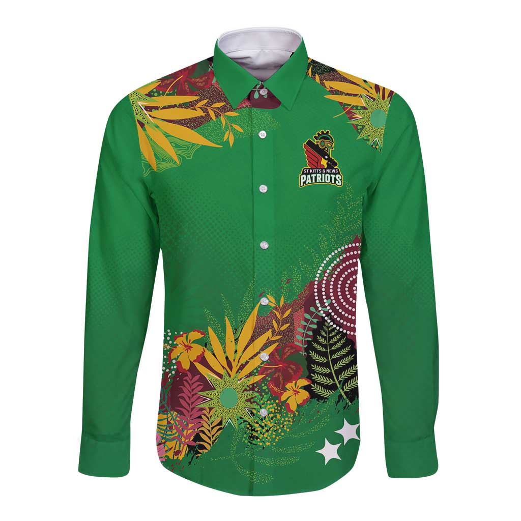 Custom St Kitts and Nevis Cricket Patriots Long Sleeve Button Shirt Caribbean Tropical Plants Sporty Green - Wonder Print Shop