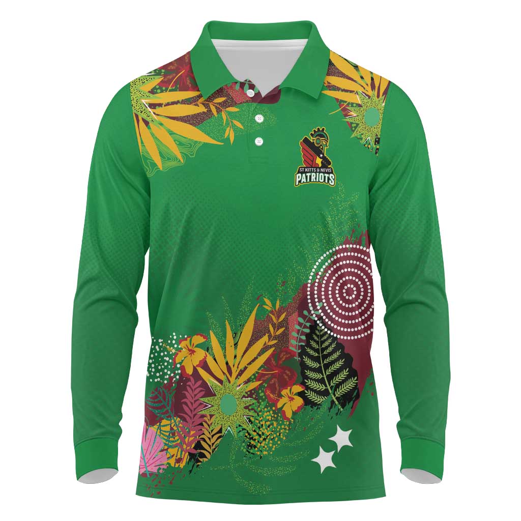 Custom St Kitts and Nevis Cricket Patriots Long Sleeve Polo Shirt Caribbean Tropical Plants Sporty Green - Wonder Print Shop