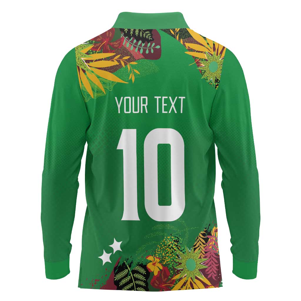Custom St Kitts and Nevis Cricket Patriots Long Sleeve Polo Shirt Caribbean Tropical Plants Sporty Green - Wonder Print Shop