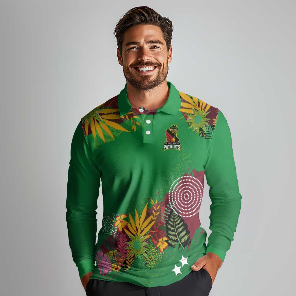 Custom St Kitts and Nevis Cricket Patriots Long Sleeve Polo Shirt Caribbean Tropical Plants Sporty Green - Wonder Print Shop