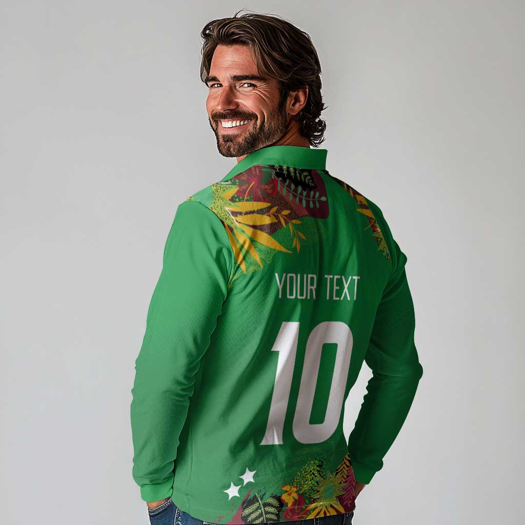 Custom St Kitts and Nevis Cricket Patriots Long Sleeve Polo Shirt Caribbean Tropical Plants Sporty Green - Wonder Print Shop