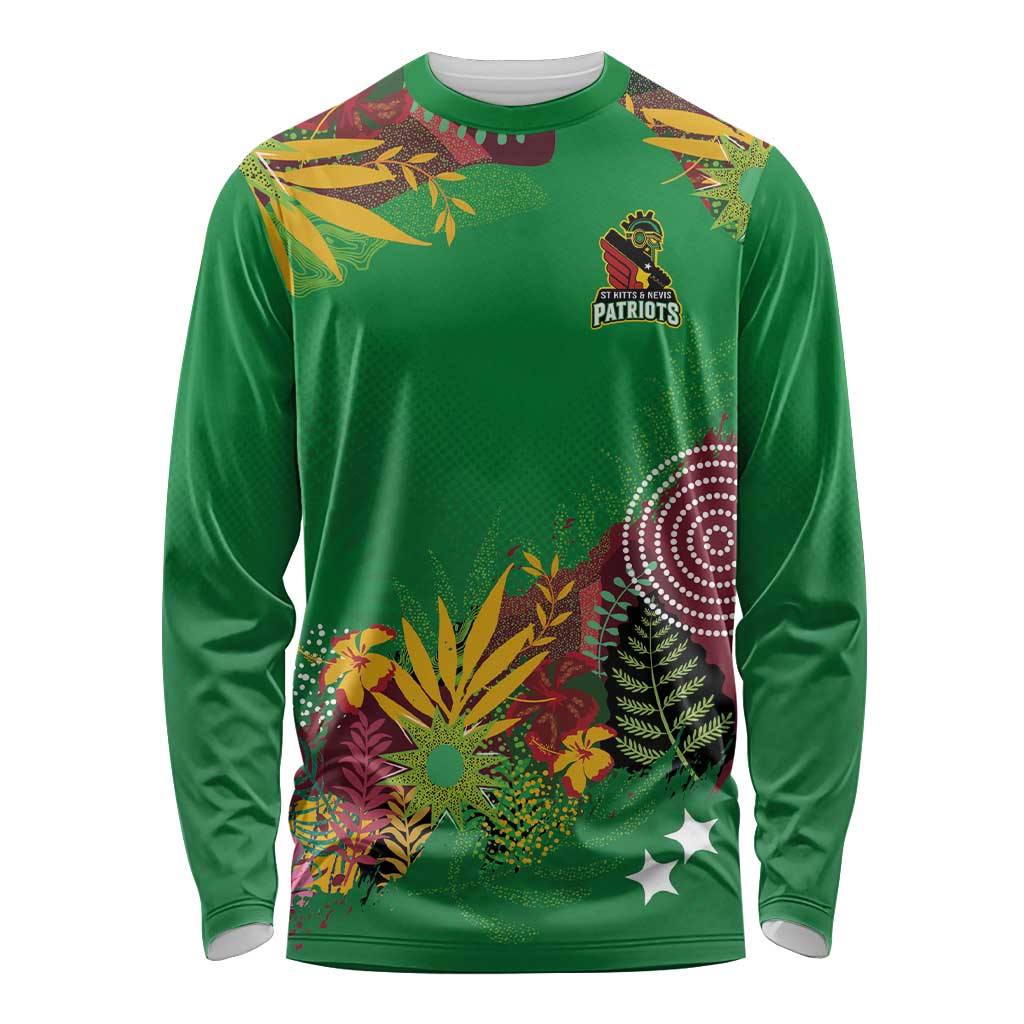 Custom St Kitts and Nevis Cricket Patriots Long Sleeve Shirt Caribbean Tropical Plants Sporty Green - Wonder Print Shop