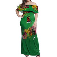 Custom St Kitts and Nevis Cricket Patriots Off Shoulder Maxi Dress Caribbean Tropical Plants Sporty Green - Wonder Print Shop