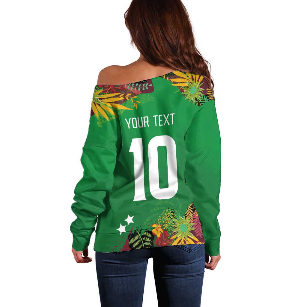 Custom St Kitts and Nevis Cricket Patriots Off Shoulder Sweater Caribbean Tropical Plants Sporty Green - Wonder Print Shop