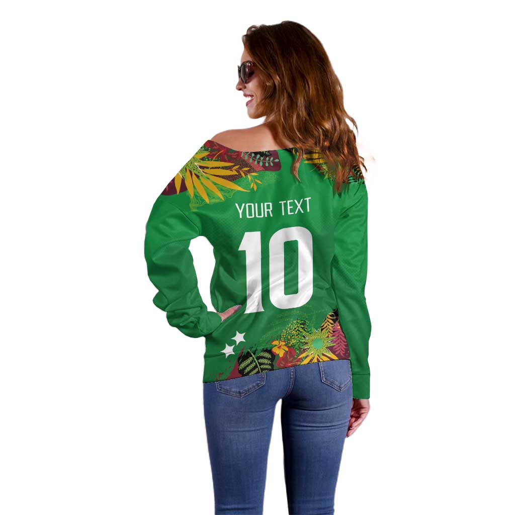 Custom St Kitts and Nevis Cricket Patriots Off Shoulder Sweater Caribbean Tropical Plants Sporty Green - Wonder Print Shop