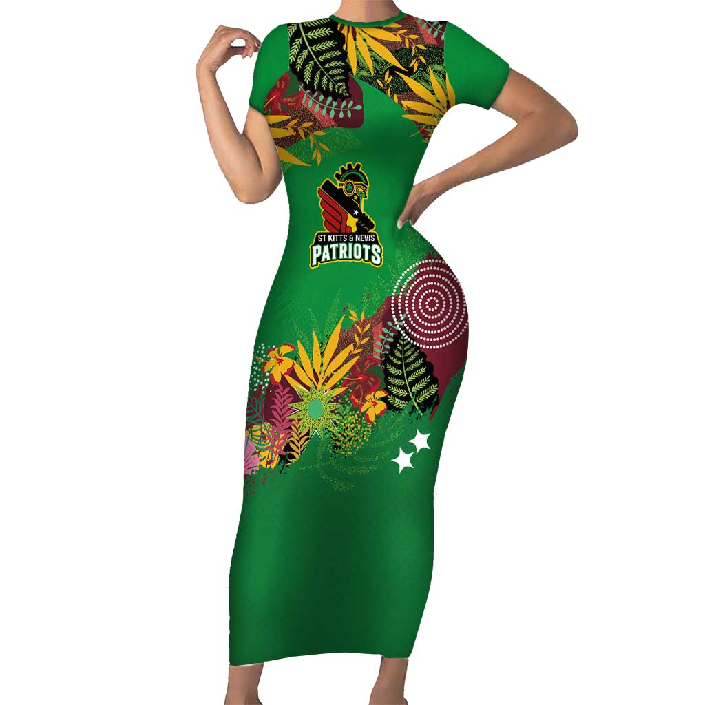 Custom St Kitts and Nevis Cricket Patriots Short Sleeve Bodycon Dress Caribbean Tropical Plants Sporty Green - Wonder Print Shop