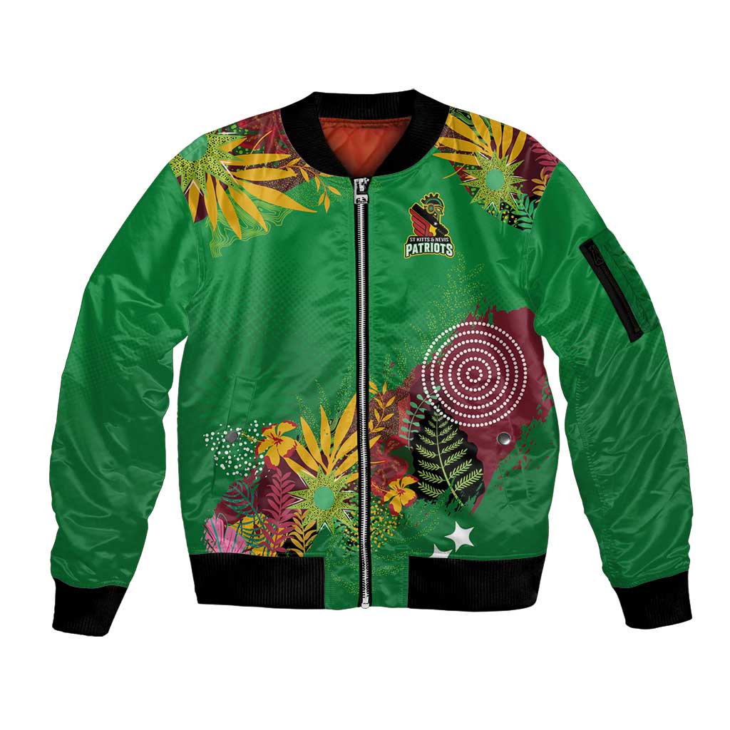 Custom St Kitts and Nevis Cricket Patriots Sleeve Zip Bomber Jacket Caribbean Tropical Plants Sporty Green - Wonder Print Shop