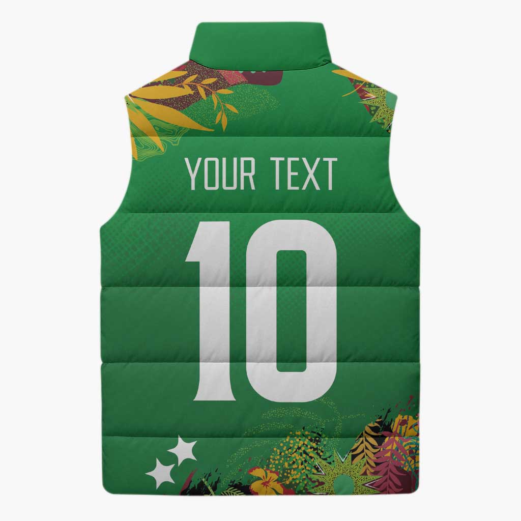 Custom St Kitts and Nevis Cricket Patriots Sleeveless Puffer Jacket Caribbean Tropical Plants Sporty Green - Wonder Print Shop