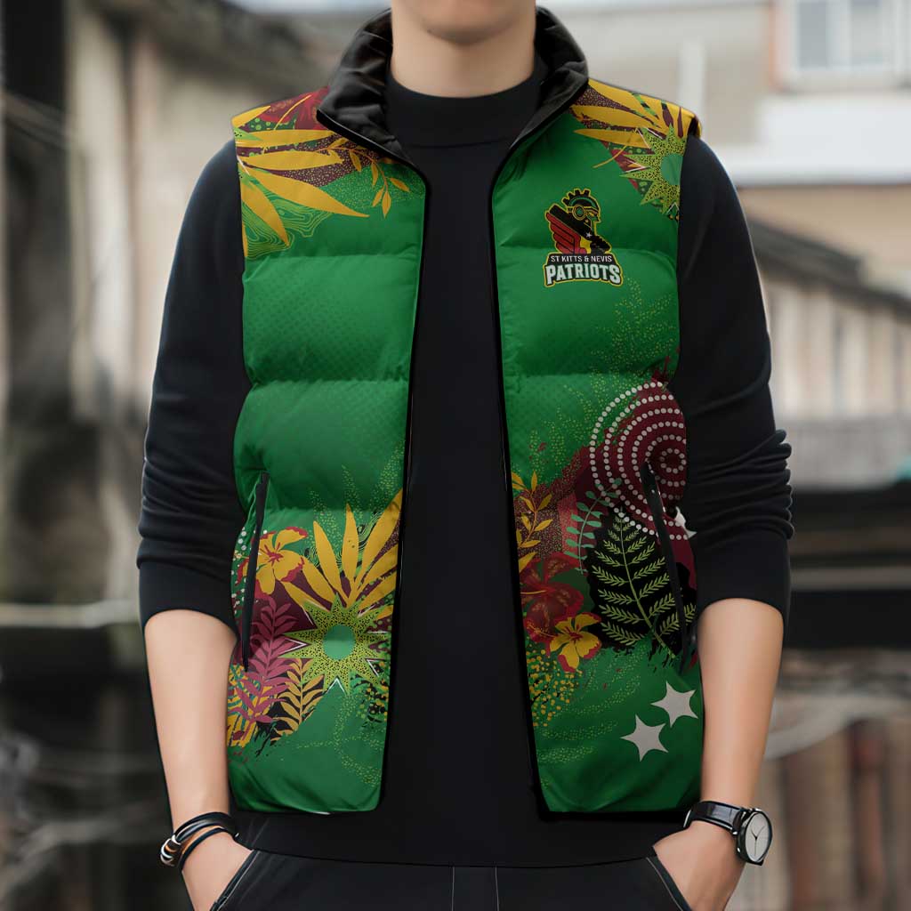 Custom St Kitts and Nevis Cricket Patriots Sleeveless Puffer Jacket Caribbean Tropical Plants Sporty Green - Wonder Print Shop
